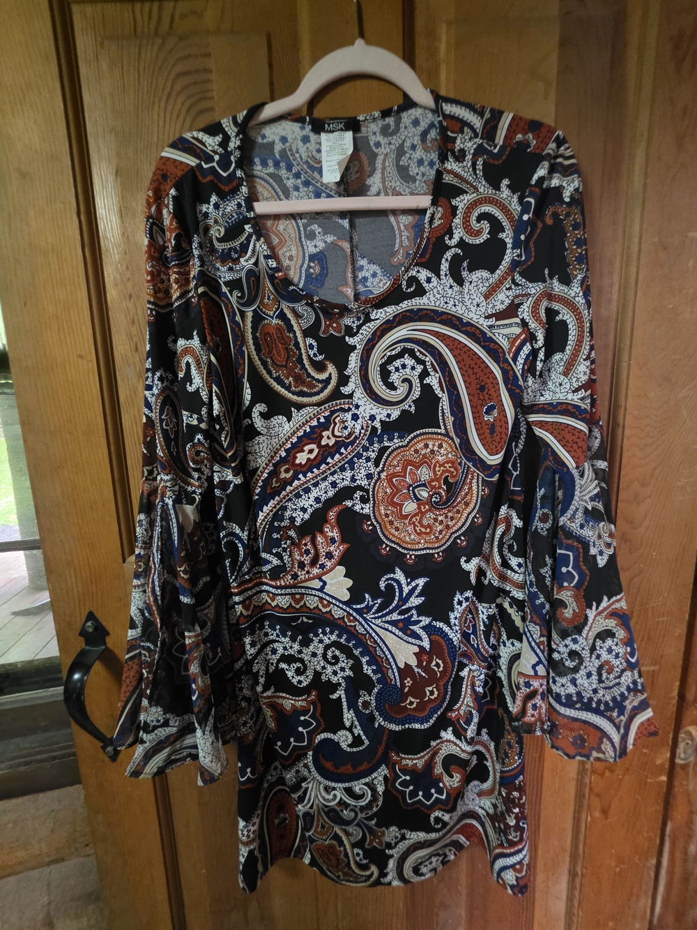 MSK Black Paisley Bell-Sleeve Dress with Rust and Navy Accents